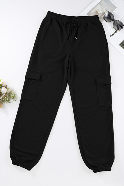 Black Waffle Texture Cargo Pocket Jogger Pants