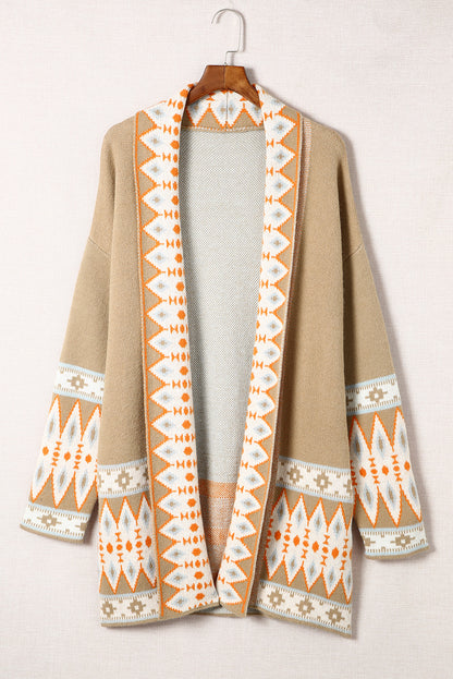 Khaki Aztec Print Open Front Knitted Cardigan