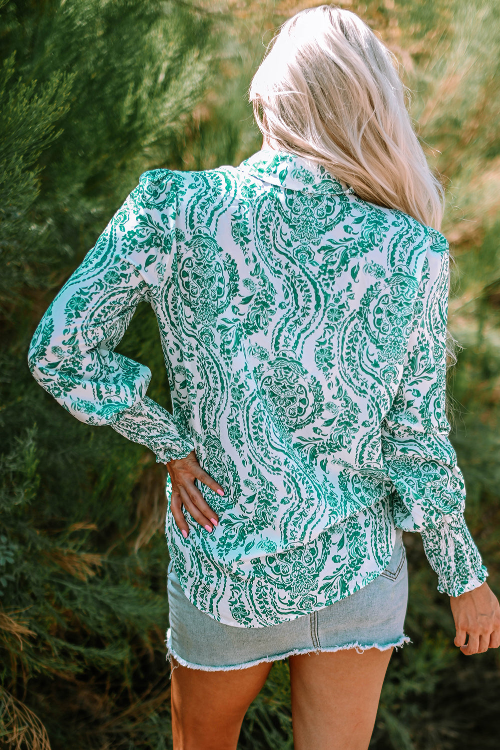 Green Paisley Print Smocked Cuff Buttoned Loose Shirt