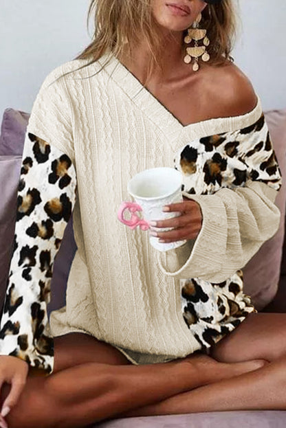 Beige Asymmetric Leopard Patchwork Wide Sleeve V Neck Sweater