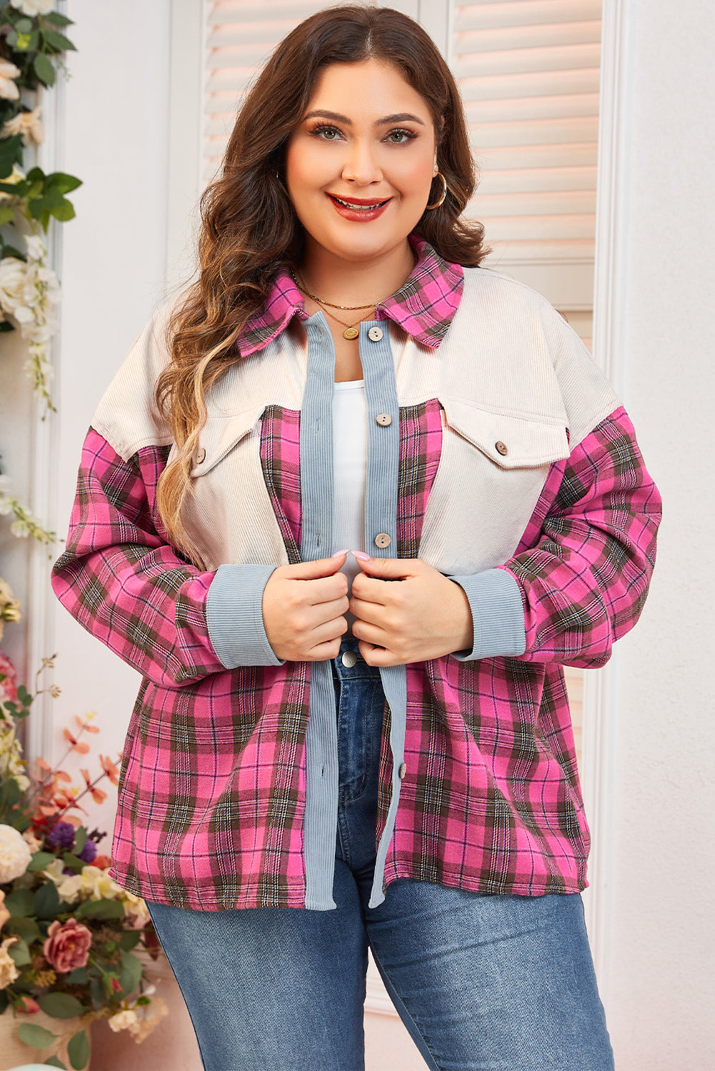 Red Plaid Print Waffle Knit Patchwork Plus Size Shirt