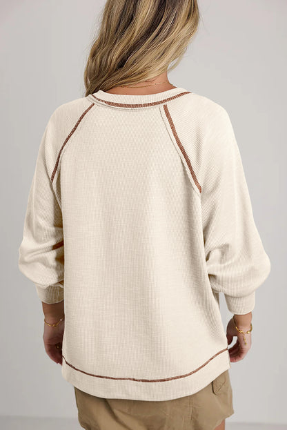 Beige Exposed Seam Textured Knit V Neck Pullover Top