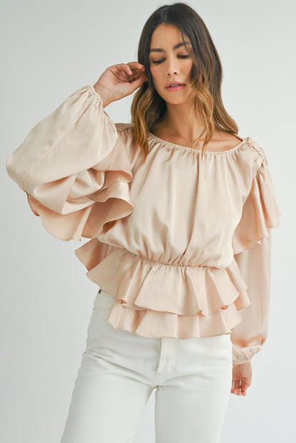 Oatmeal Lace-up Keyhole Back Ruffled Peplum Blouse