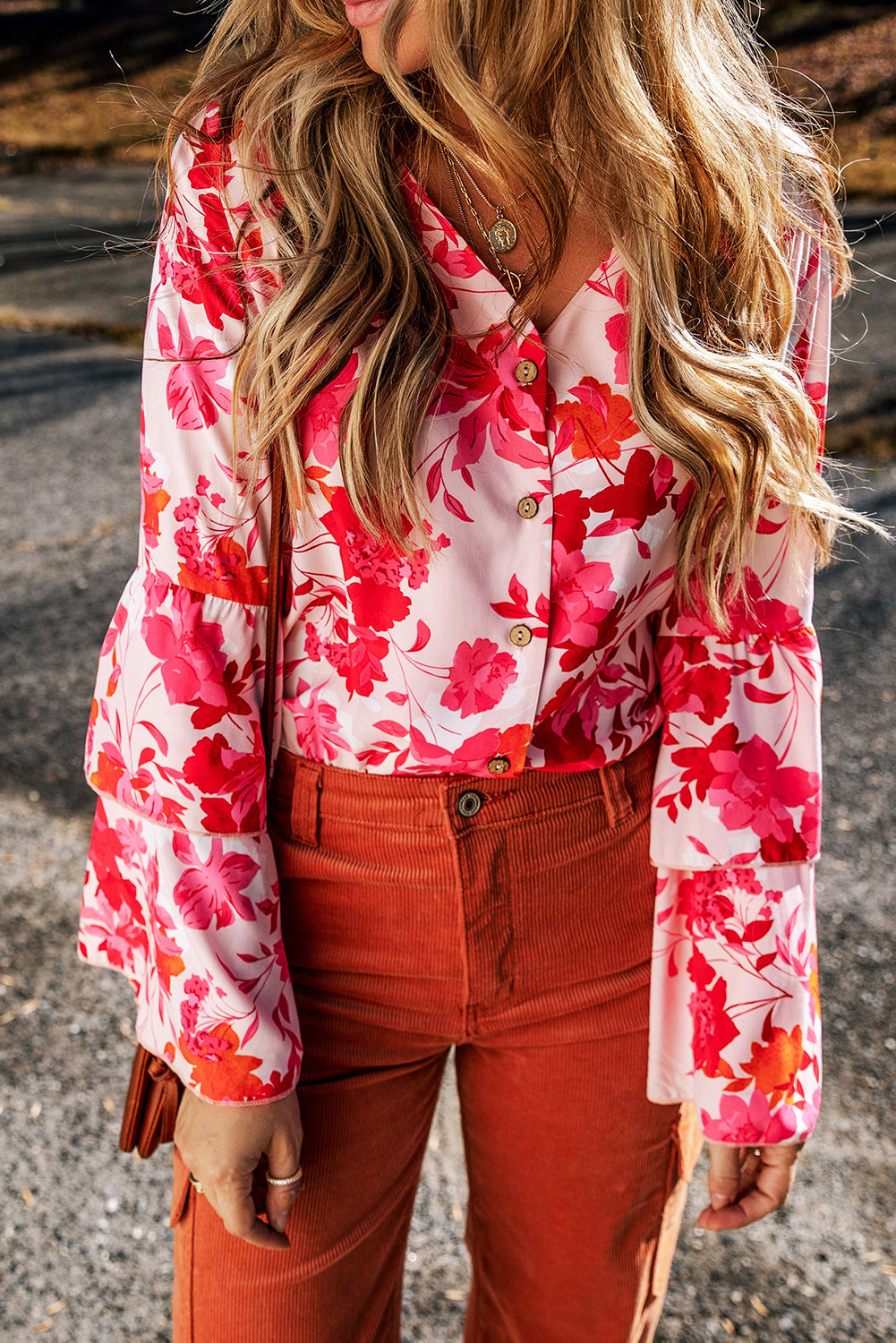 Pink Floral Print Tiered Bell Long Sleeve Buttoned Bodysuit