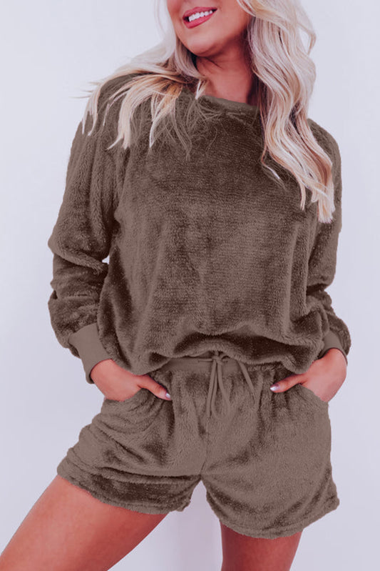 Coffee Solid Loose Fit Two Piece Fleece Lounge Set