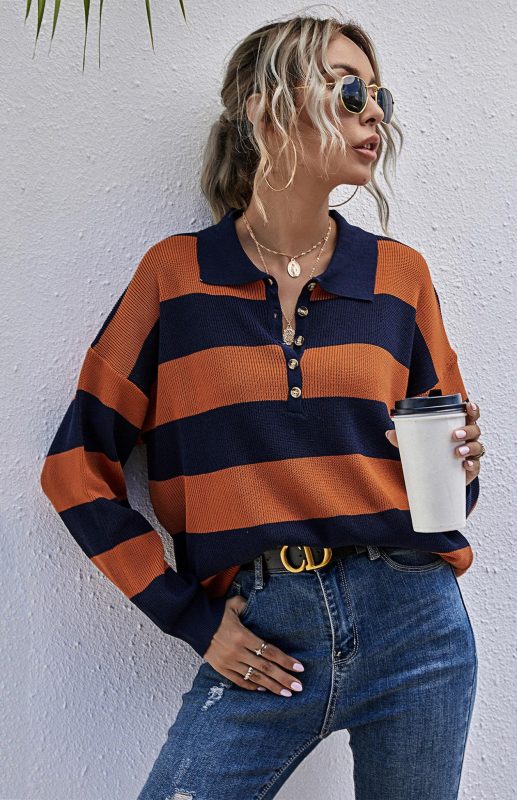 Women's Autumn Fashion Orange Striped Pullover Sweatshirt