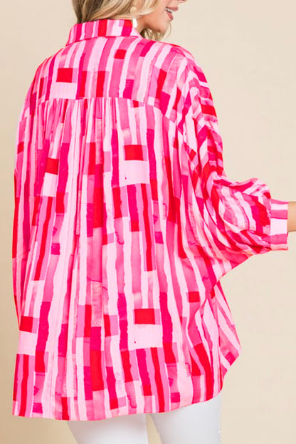 Pink Abstract Print Batwing Sleeve Casual Shirt