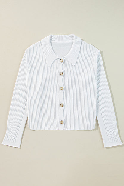 White Collared Button-up Loose Fit Casual Cardigan Sweatshirt