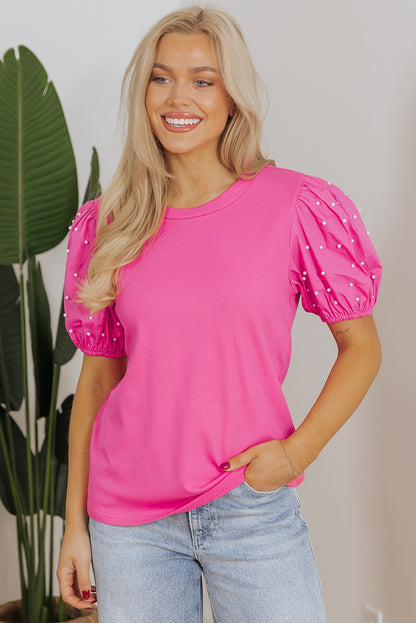 Bright Pink Ribbed Pearl Beaded Puff Sleeve Top