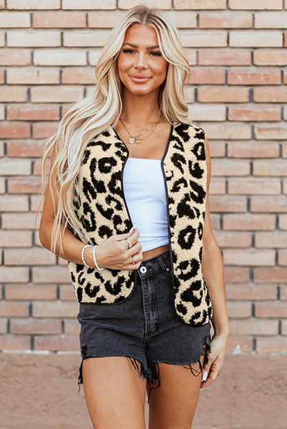 Black Leopard Print Sherpa Vest Coat