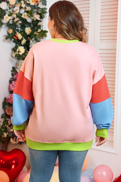 Light Pink Plus Size Colorblock Patchwork Crew Neck Sweatshirt