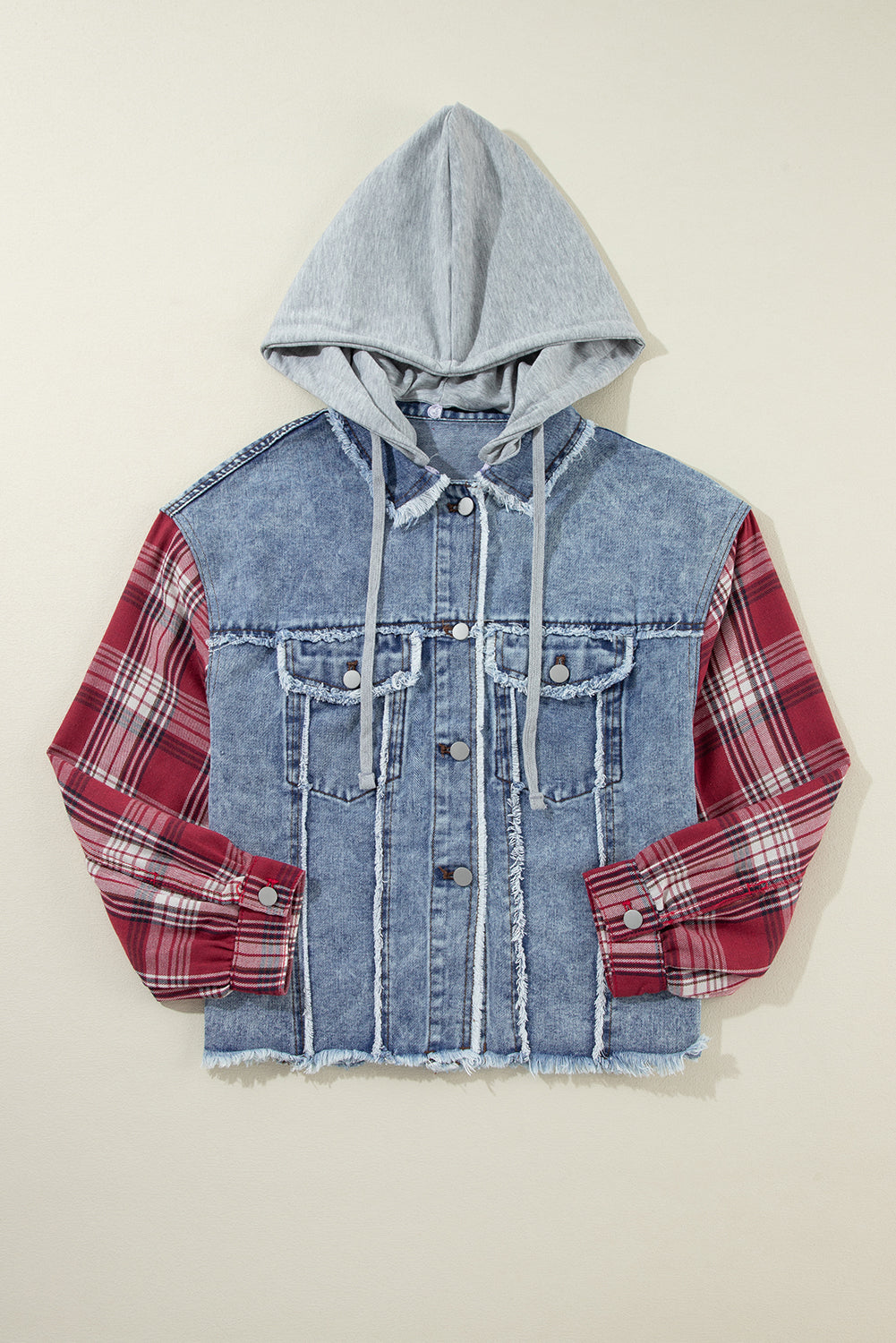 Beau Blue Plaid Print Patchwork Hooded Raw Hem Denim Jacket