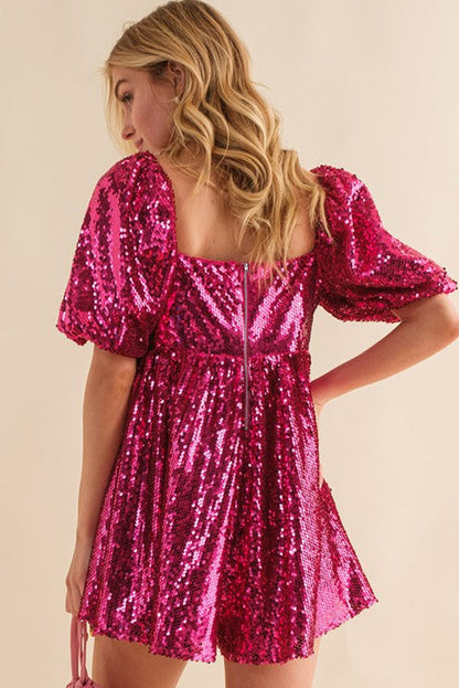 Rose Red Short Puff Sleeve Sequin Babydoll Romper