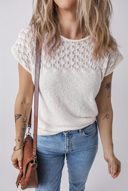 White Eyelet Knit Tied Back Short Sleeve Sweater