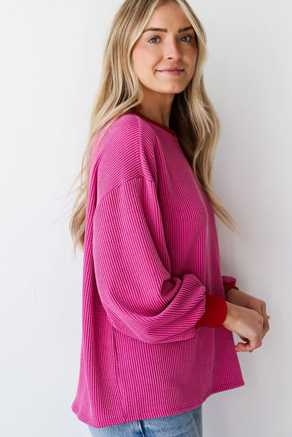 Bright Pink Corded Contrast Edge Drop Shoulder Long Sleeve Top