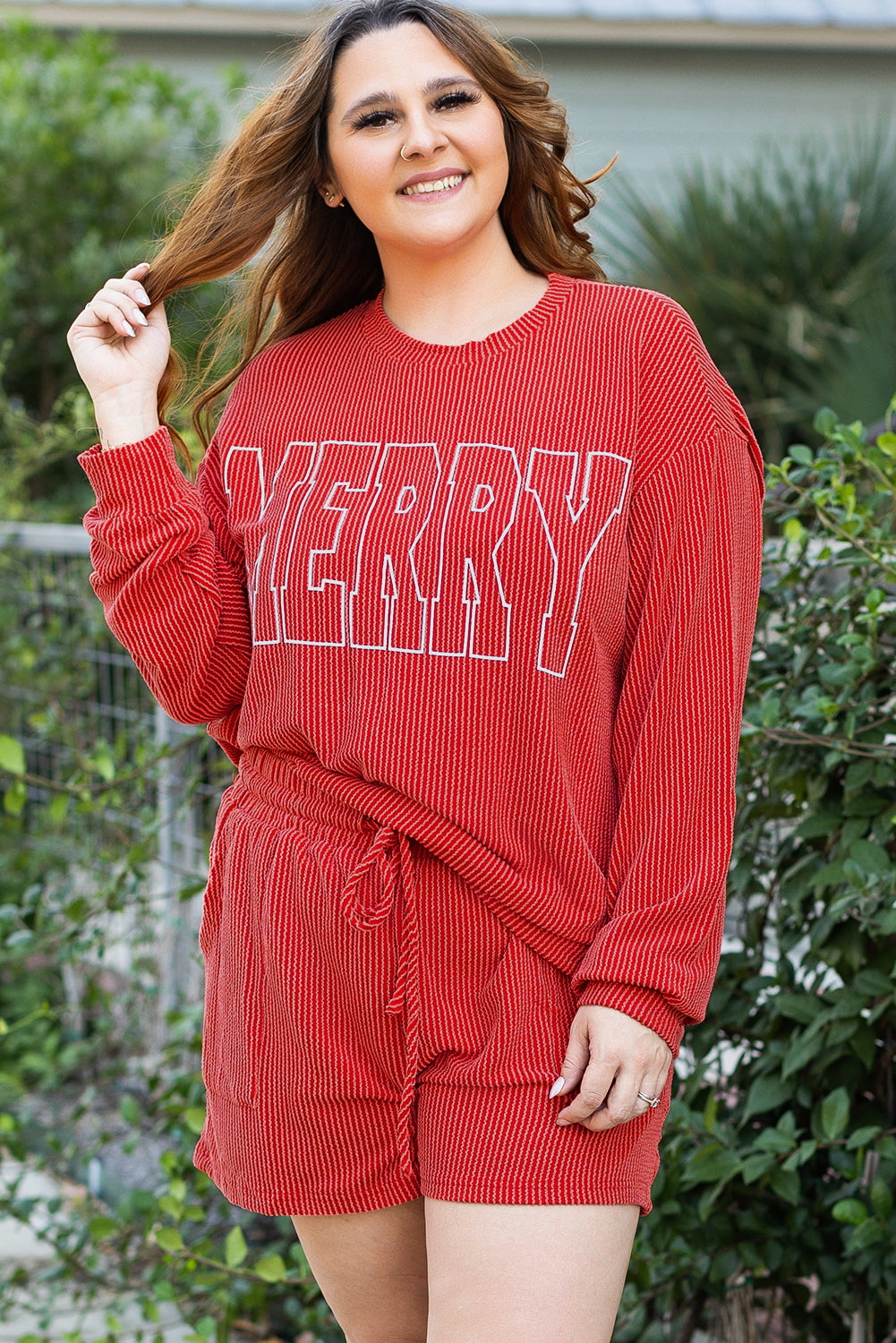 Racing Red MERRY Ribbed Knit Long Sleeve Lace-up Waist Plus Size Set