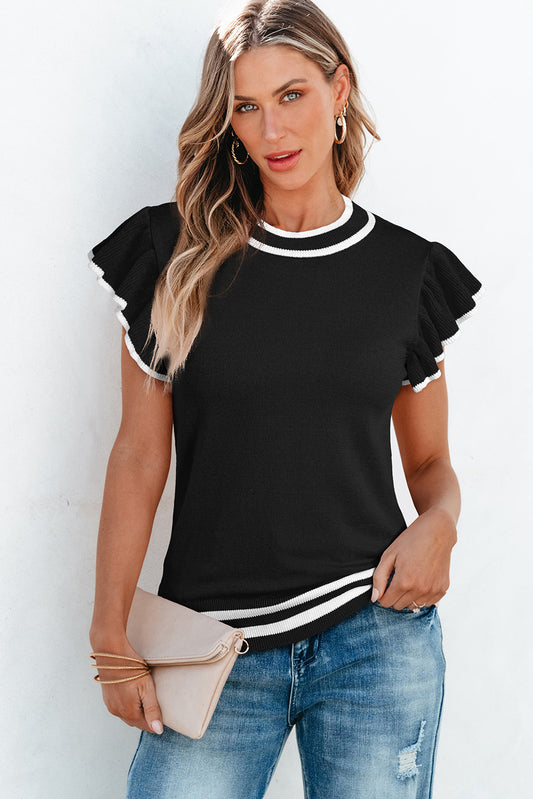 Black Edge Piping Ruffled Sleeve Round Neck Knit T Shirt