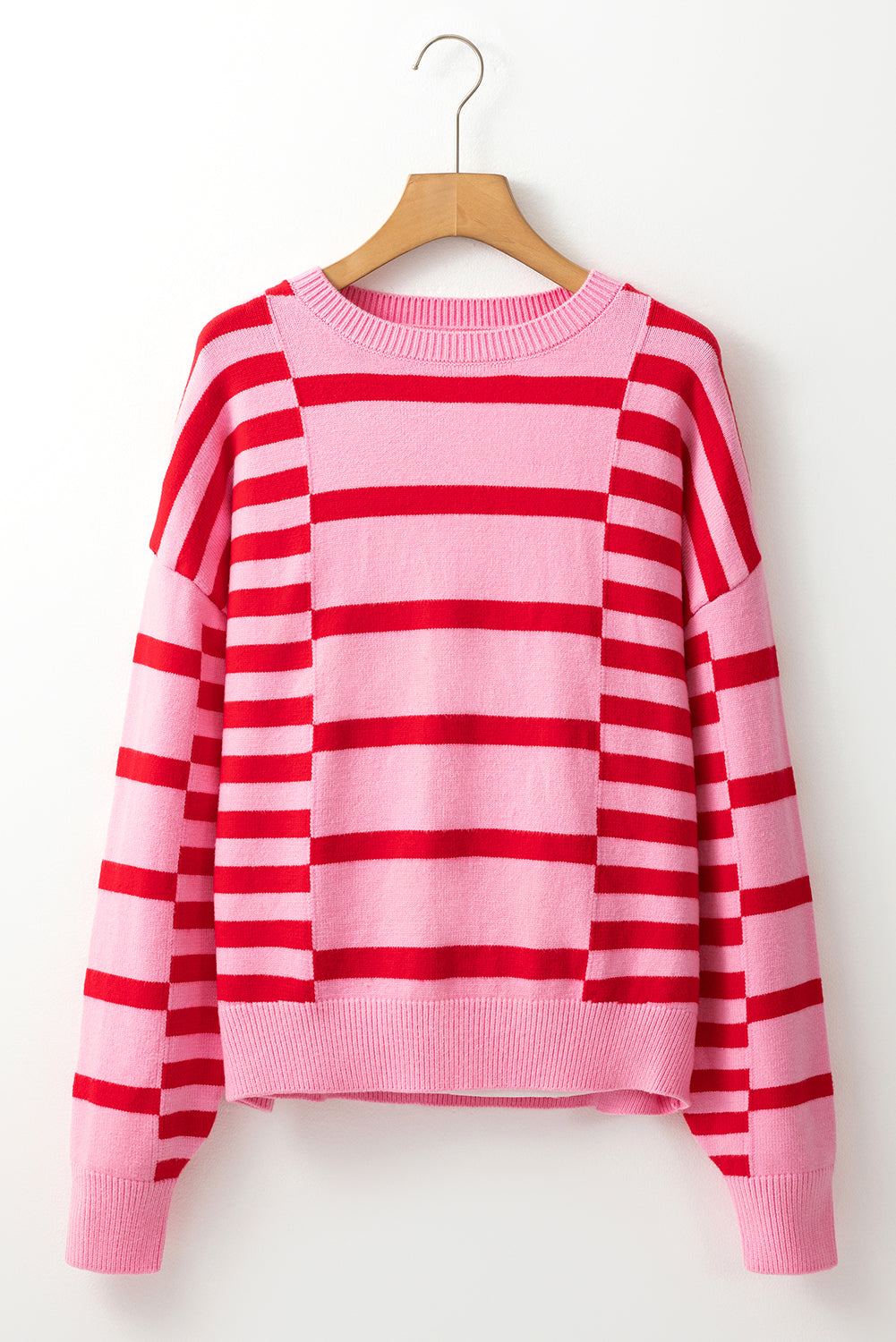 Pink Stripe Bubble Sleeve Drop Shoulder Ribbed Trim Sweater