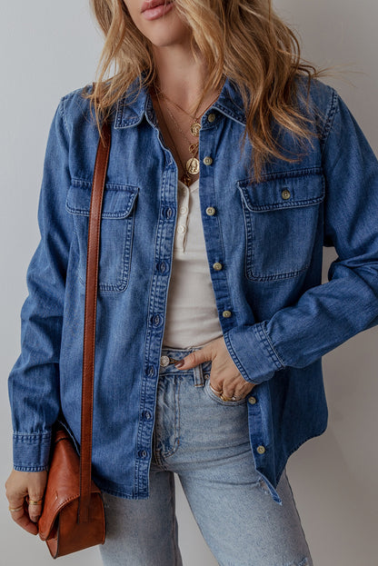 Sky Blue Flap Pocket Button Up Denim Shacket