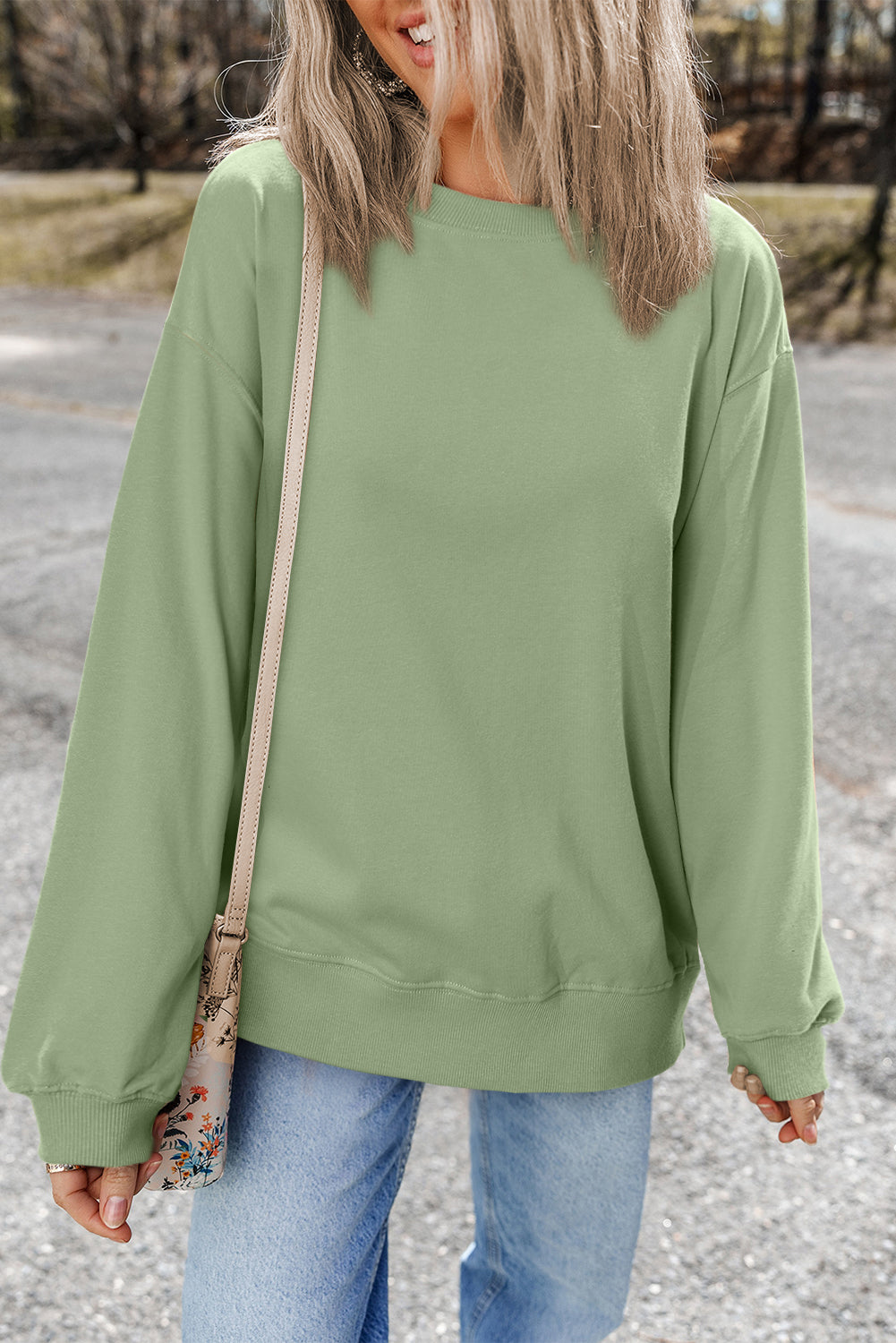 Smoke Green Plain Drop Shoulder Crewneck Pullover Sweatshirt