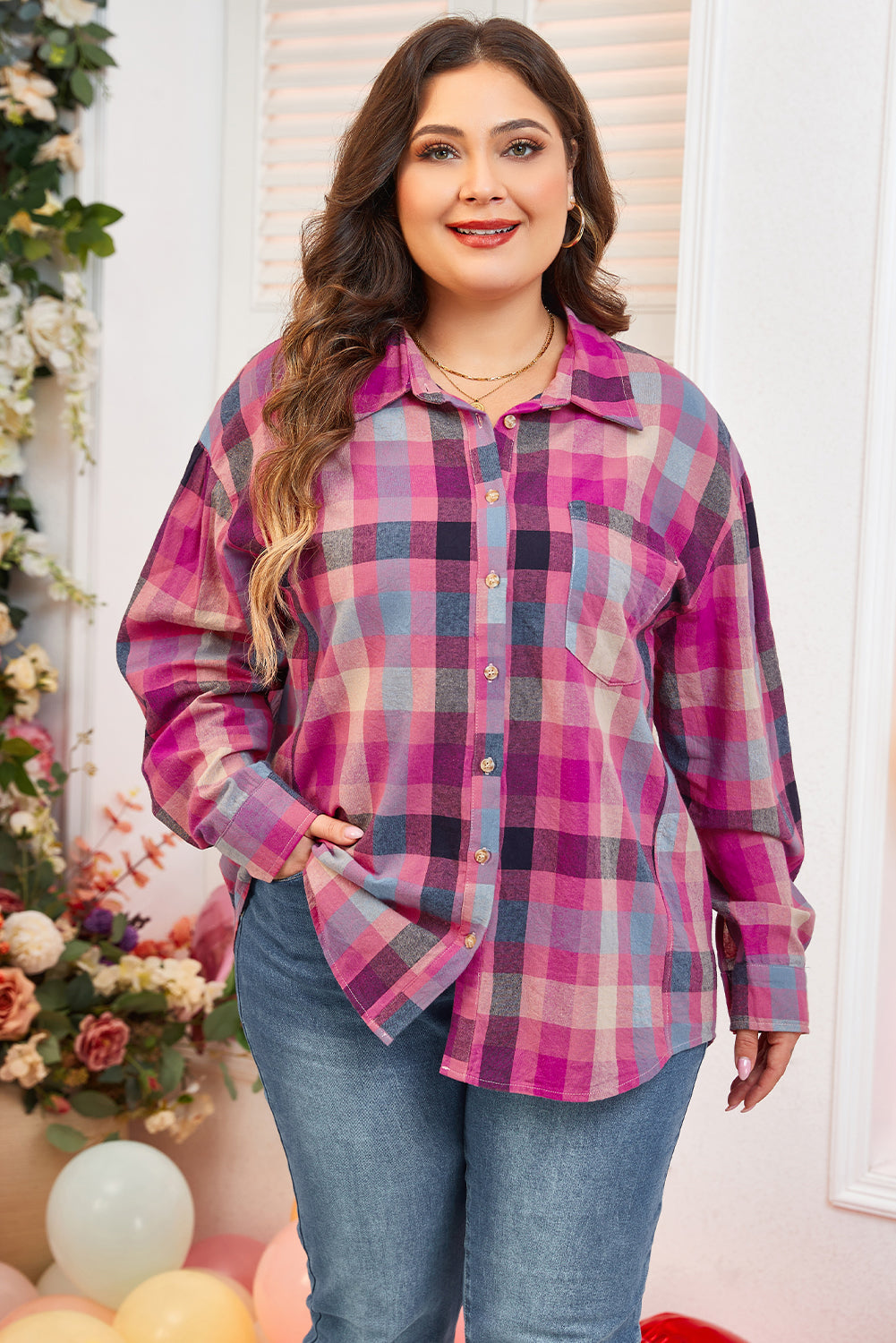 Rose Stripe Plus Size Checkered Print Button up Shirt