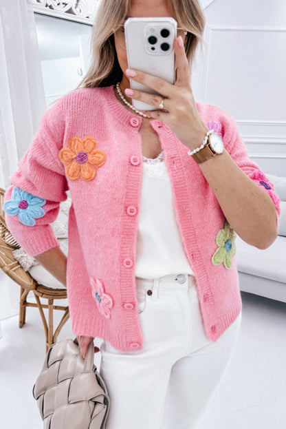 Pink Cute Knitted Floral Pattern Button Up Cardigan