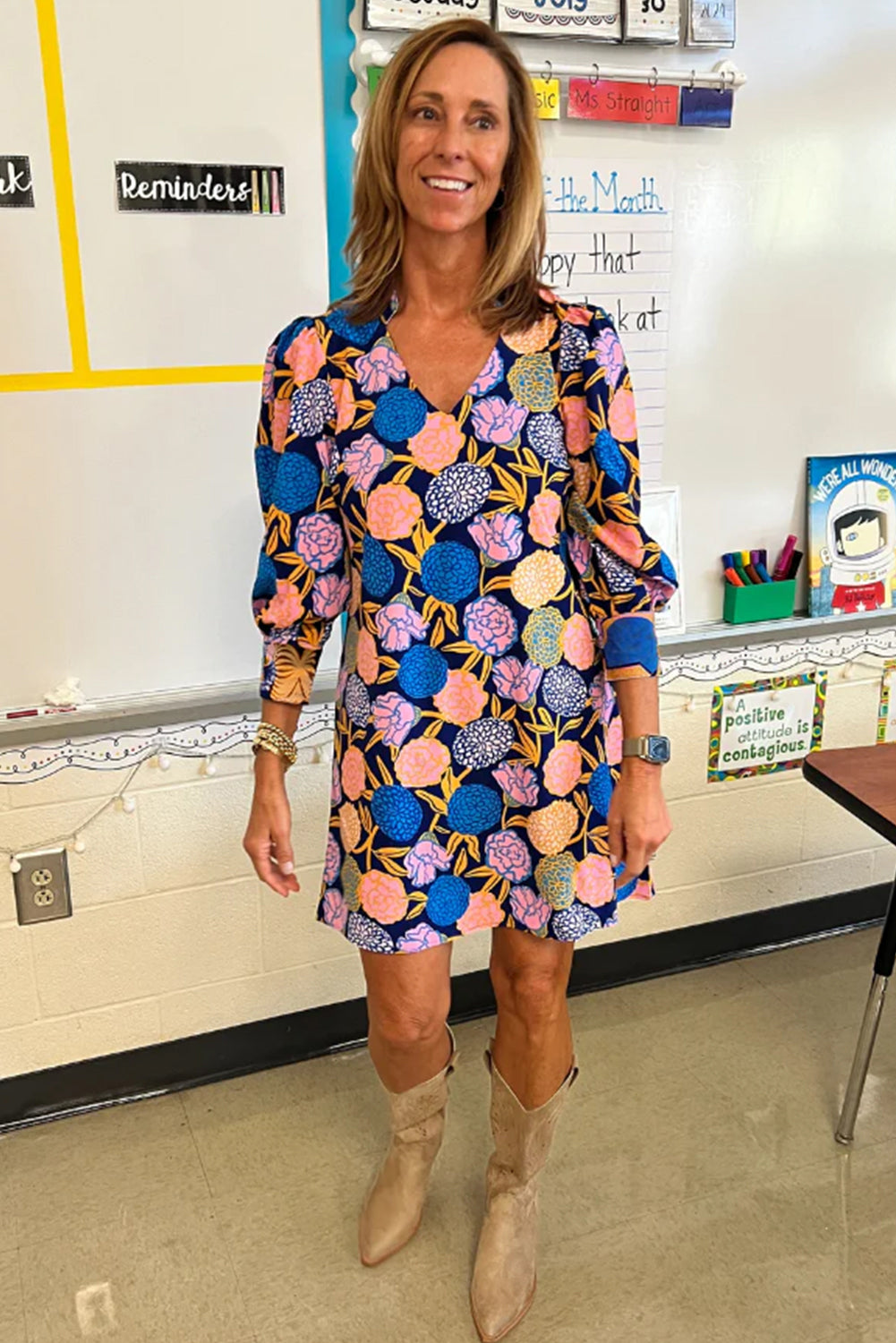 Navy Blue Hydrangea Floral Print Bishop Sleeve V Neck Shift Dress