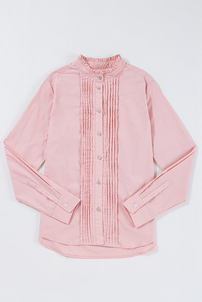 Light Pink Pleated Button-Up Loose Fit Casual Shirt