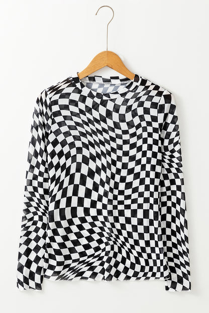 Black Checkered Pattern Mesh Mock Neck Long Sleeve Top