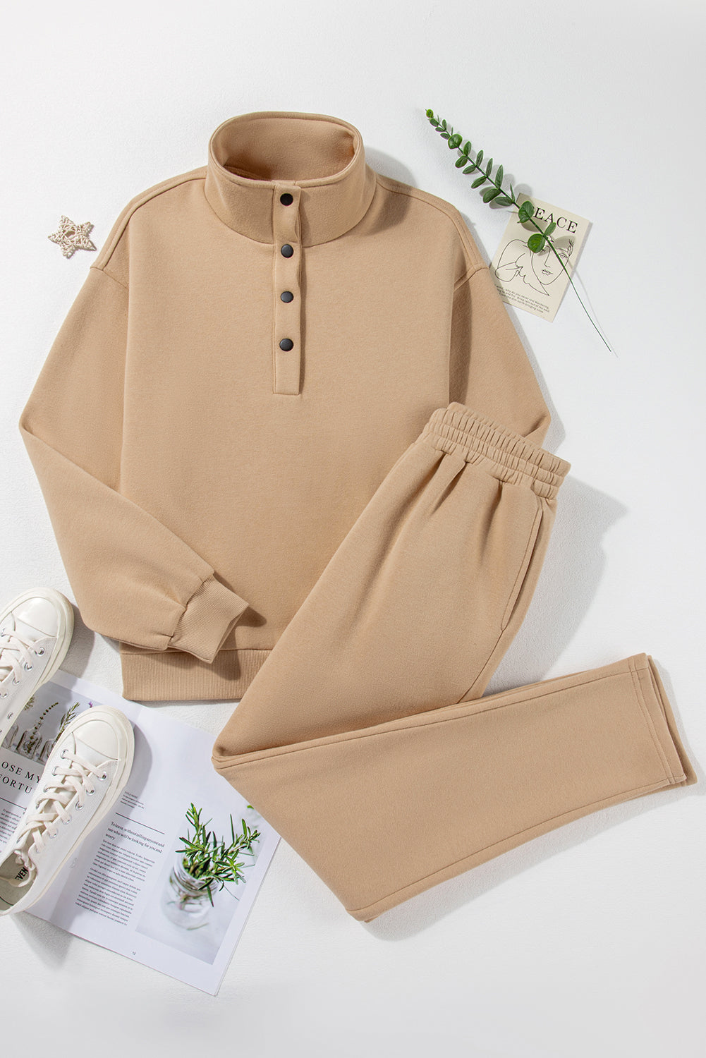 Parchment Solid Half Button Sweatshirt and High Waist Sweatpants Set