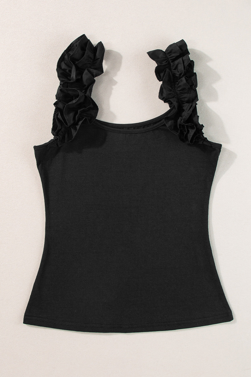 Black Ruffled Wide Straps Slim Tank Top