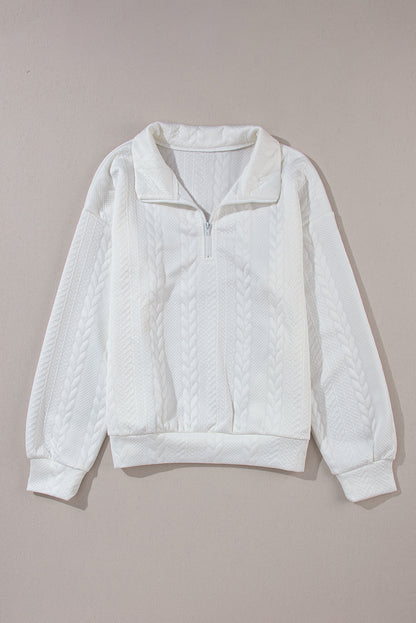 White Zip up Cable Textured Sweatshirt