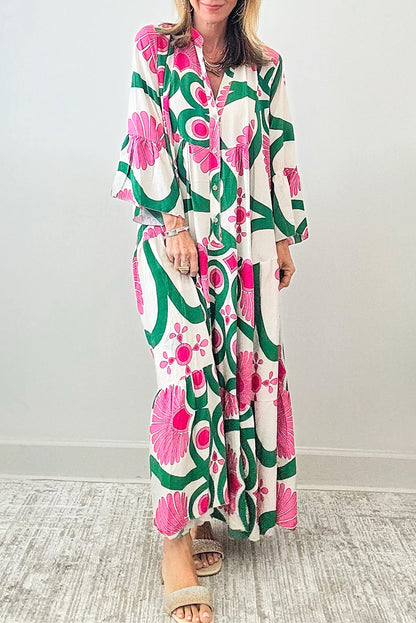 Pink Boho Floral Printed Long Sleeve Buttoned Loose Maxi Dress