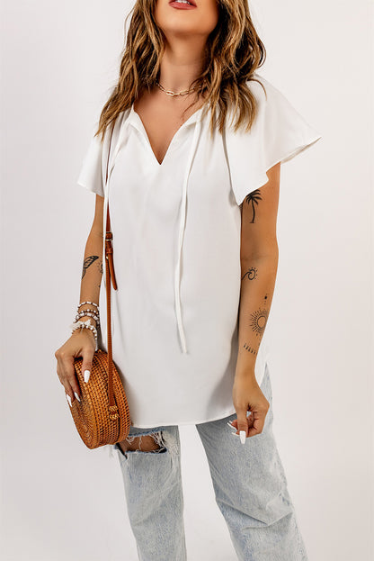 White Solid Drawstring Ruffled Short Sleeve Blouse