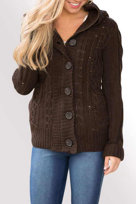 Brown Long Sleeve Button-Up Hooded Cardigan