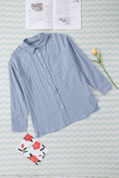 Blue Textured Buttoned Pocket Long Sleeve Shirt