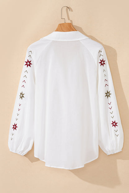 White Floral Embroidered Puff Sleeve Eyelet Patchwork Shirt