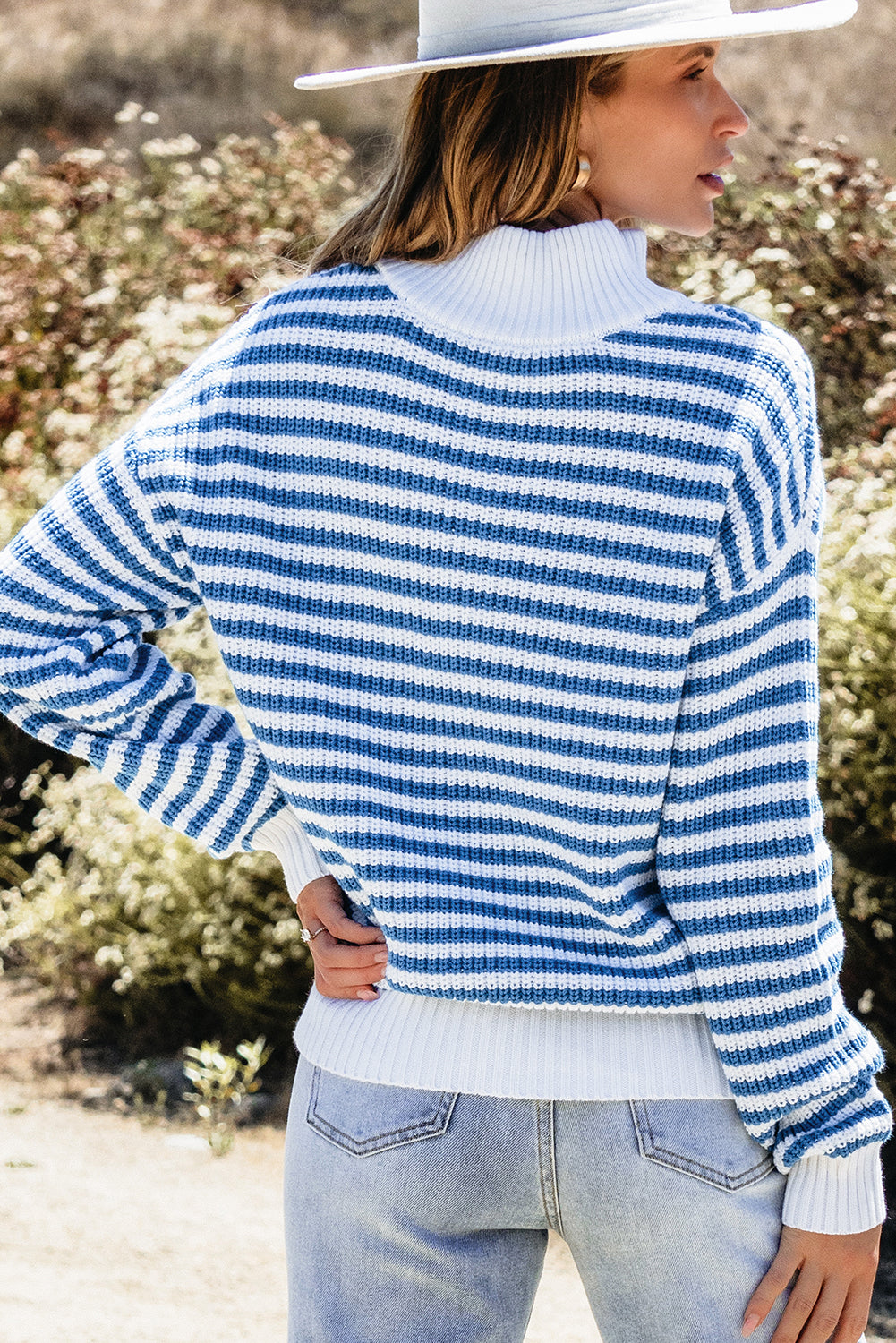 Sky Blue Stripe Zip up Collar Drop Shoulder Sweater