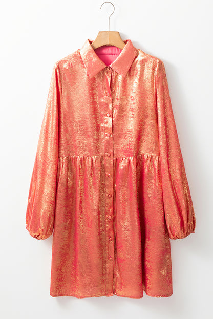 Peach Blossom Metallic Sheen Puff Sleeve Button Up Mini Shirt Dress