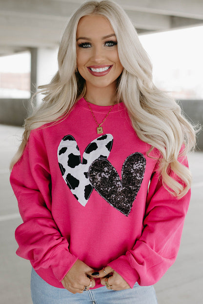 Strawberry Pink Cow & Sequin Double Heart Patch Graphic Sweatshirt