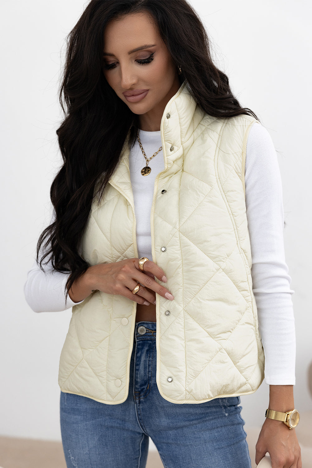 Beige Quilted High Neck Button Up Pocket Vest Coat