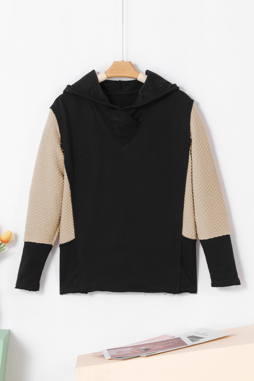 Black Contrast Sleeves Patchwork Colorblock Hoodie