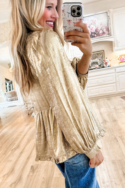 Gold Metallic Frilled V-Neck Puff Sleeve Babydoll Blouse