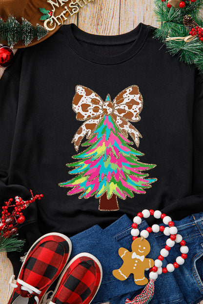 Black Bowknot Christmas Tree Shiny Graphic Sweatshirt