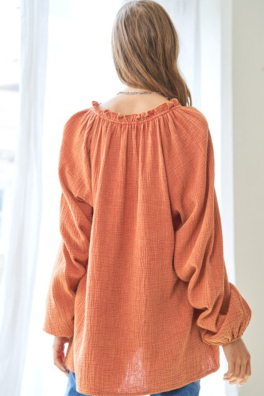 Orange Crinkle Textured Frill Split Neck Puff Sleeve Blouse