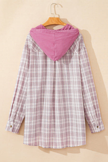 Bonbon Plaid Print Drawstring Hooded Button-up Plus Size Shirt