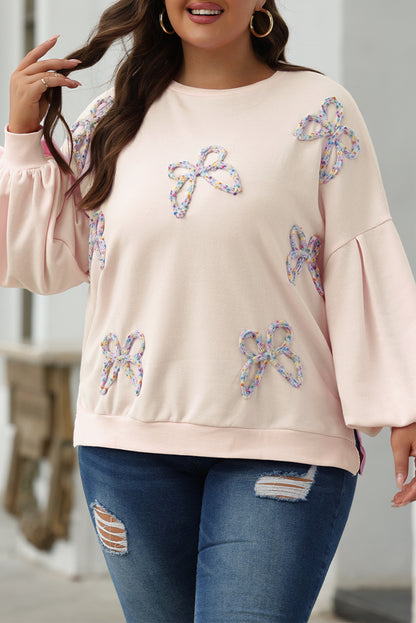 Parchment Embroidered Bow Lantern Sleeve Oversized Pullover Sweatshirt