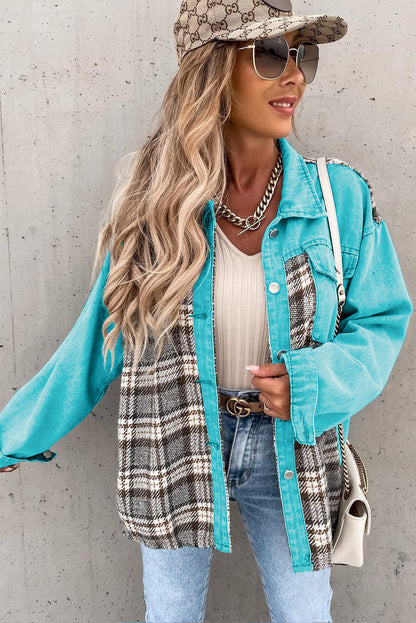 Sky Blue Plaid Patchwork Pockets Denim Jacket