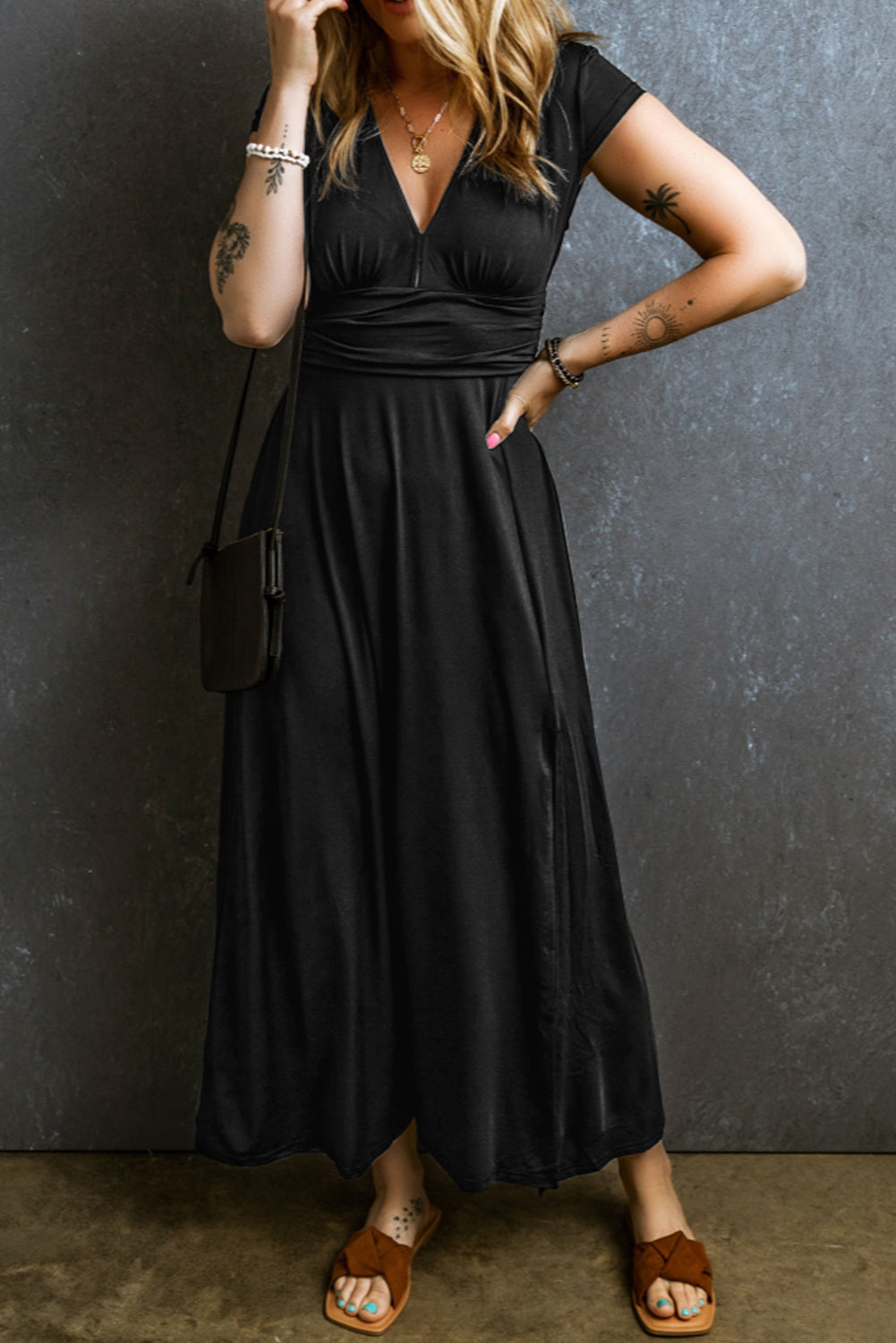 Black Short Sleeve Shirred High Waist V-Neck Maxi Dress