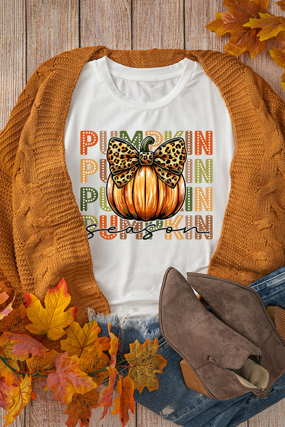 White PUMPKIN Season Leopard Bow Print Crew Neck T-Shirt